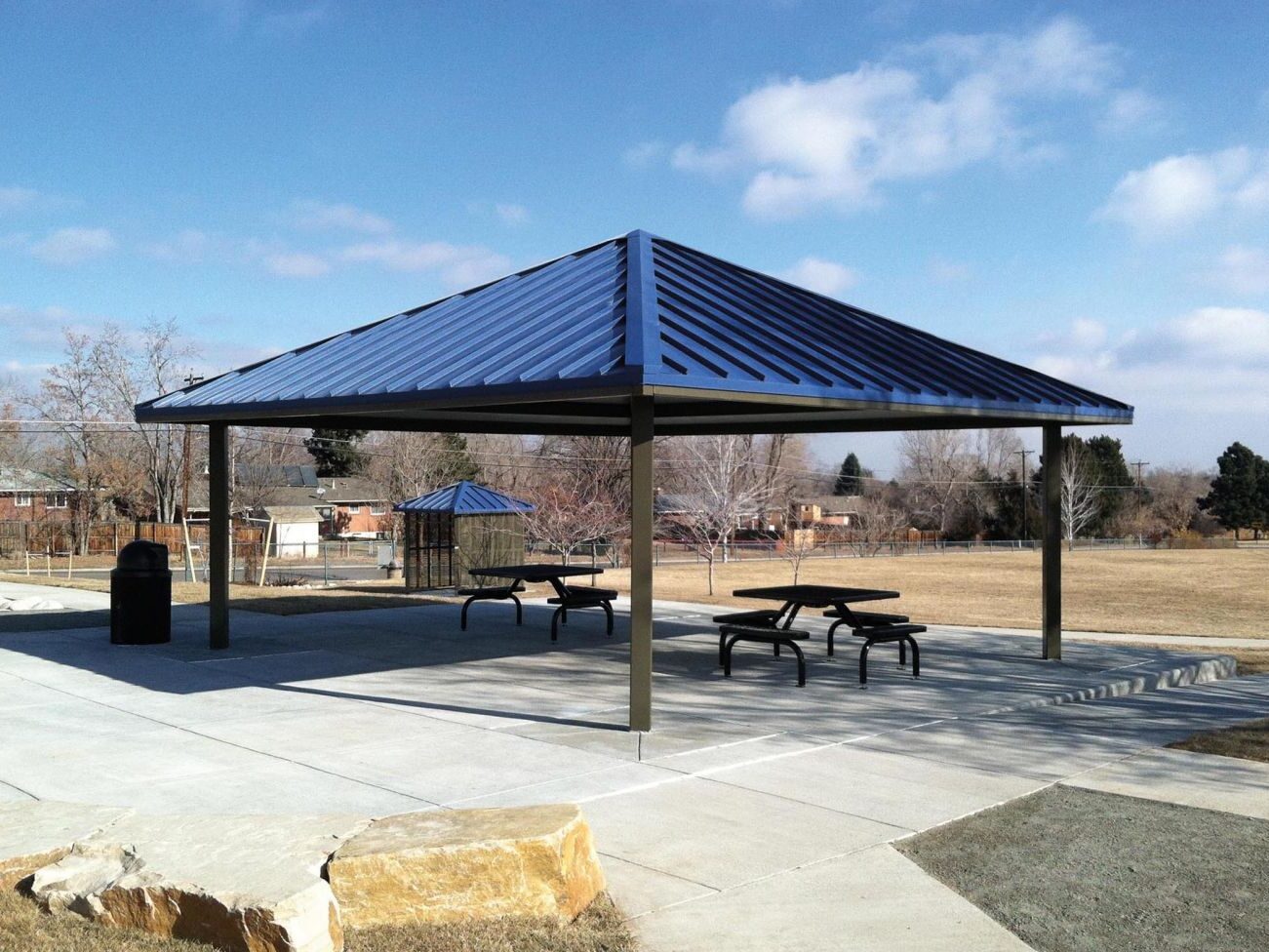 Park pavilion with blue metal roof