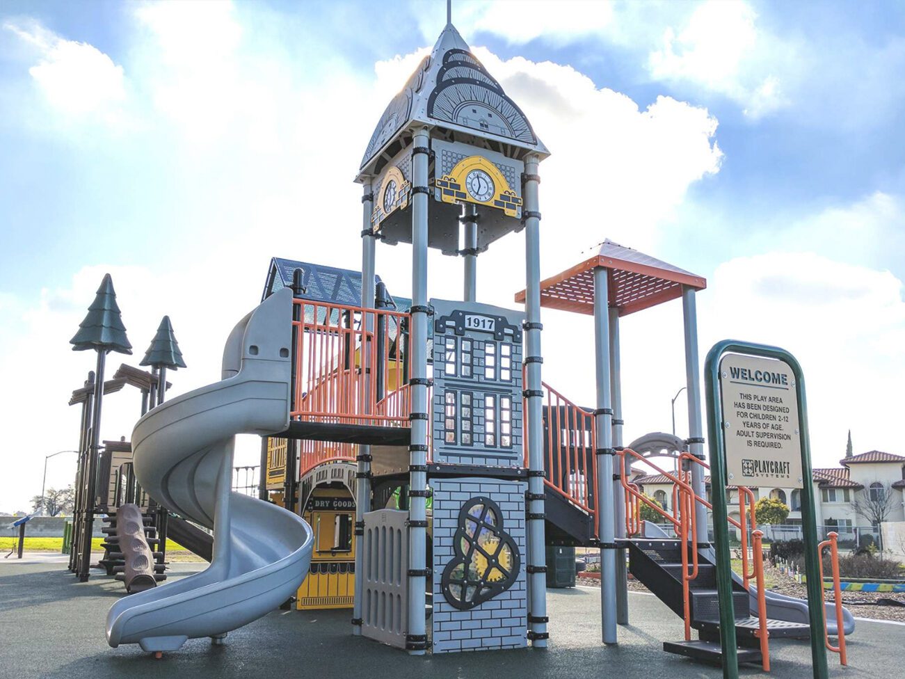 Colorful playground equipment under blue sky