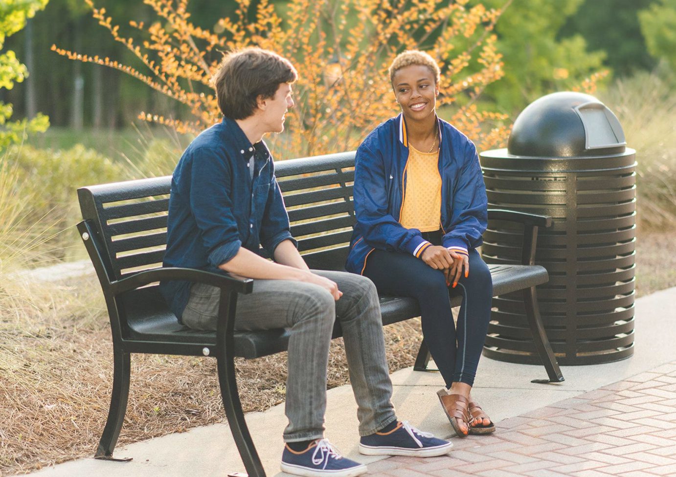 Casual conversation at a park bench