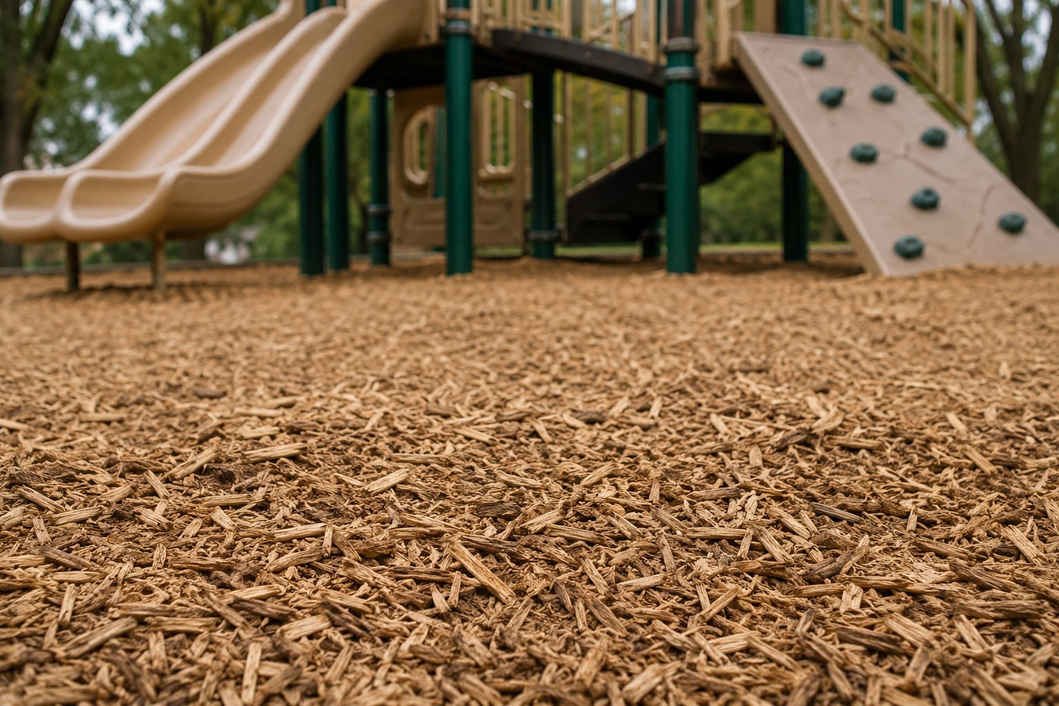 Mulch-covered playground with climbing wall