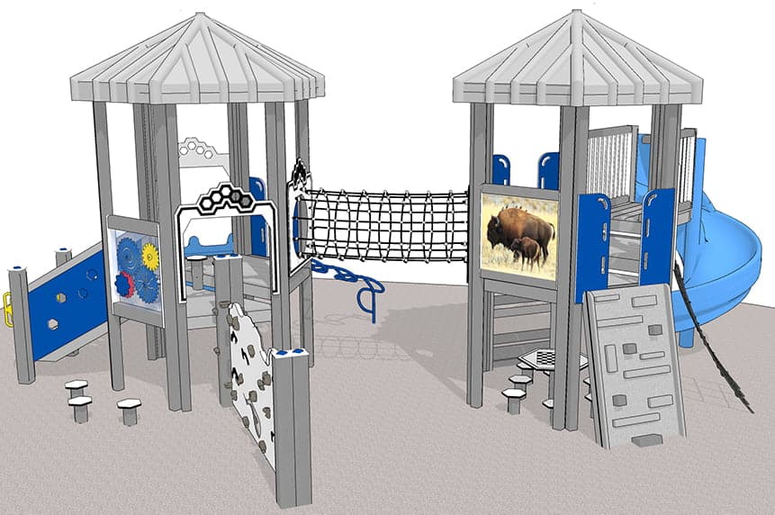 Playground structure with slides and climbing walls.