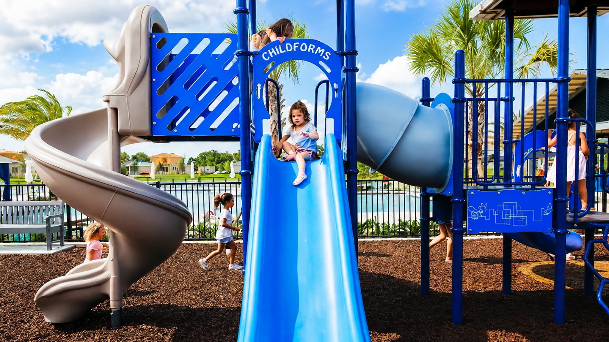 Children playing on colorful slides