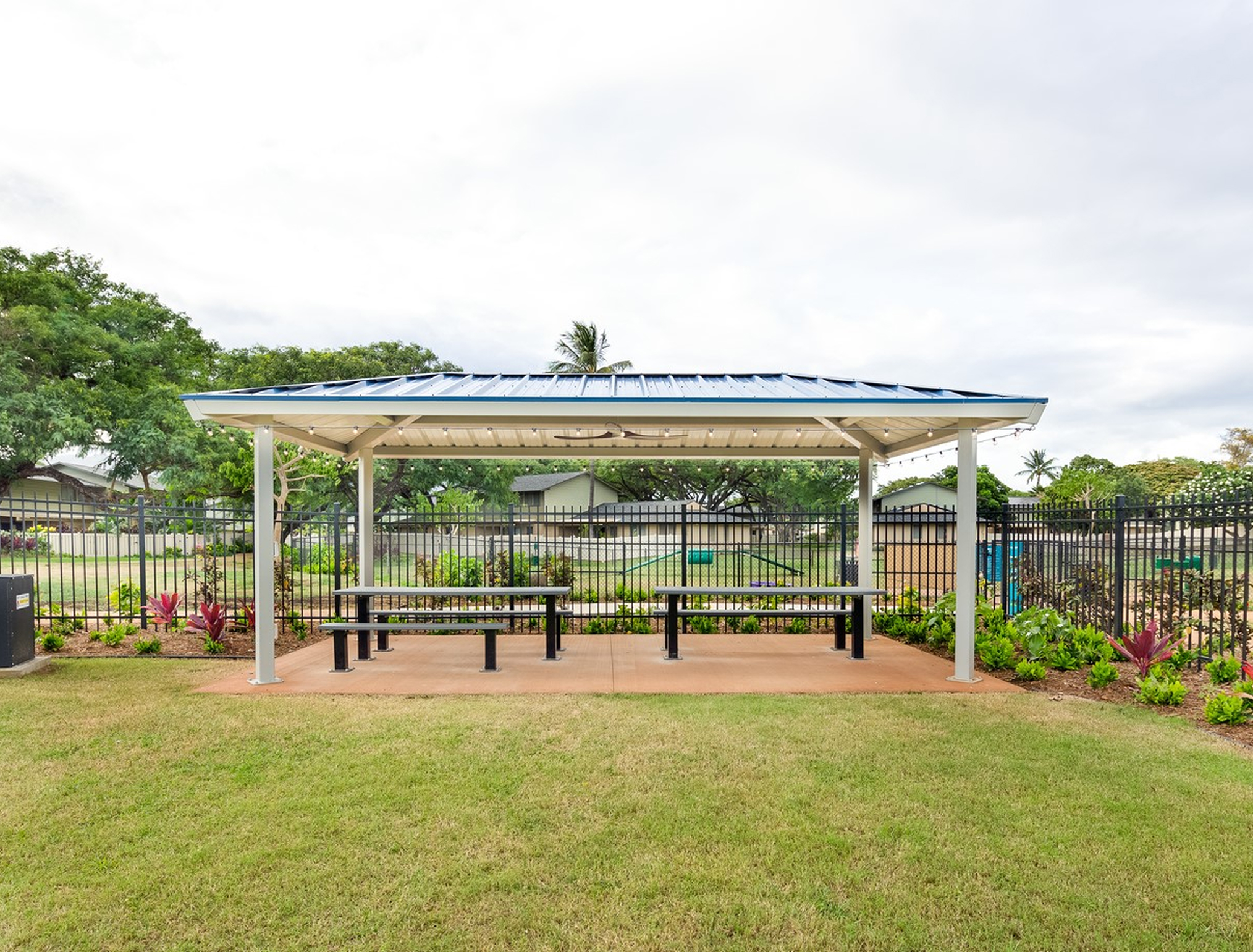 Sheltered picnic spot with tables
