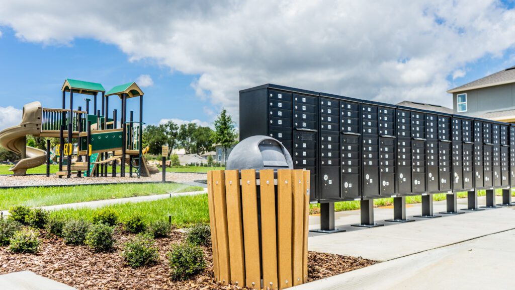 Mailboxes and playground in suburban neighborhood