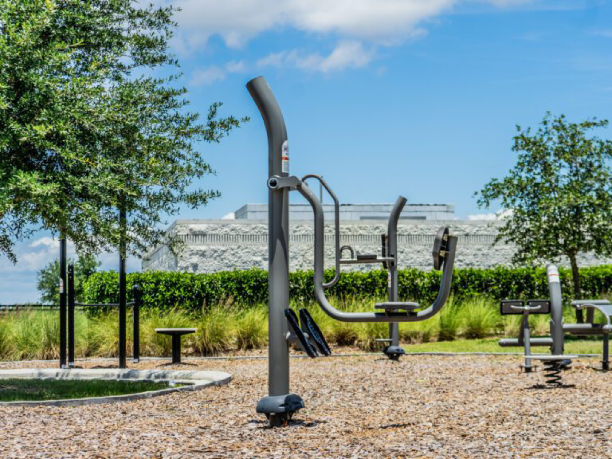 Outdoor gym equipment in a sunny park.